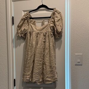 Beige Puff Sleeve Linen Mini Dress